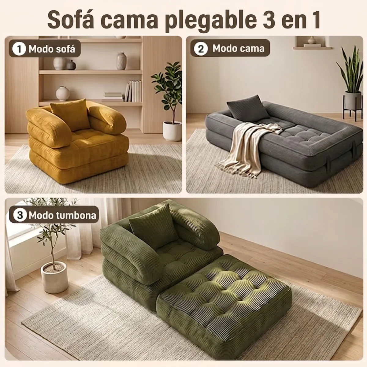 Sofá cama plegable 3 en 1 con tumbona, pana suave y espuma de alta densidad
