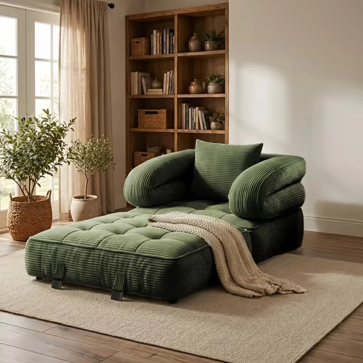 Sofá cama plegable 3 en 1 con tumbona, pana suave y espuma de alta densidad