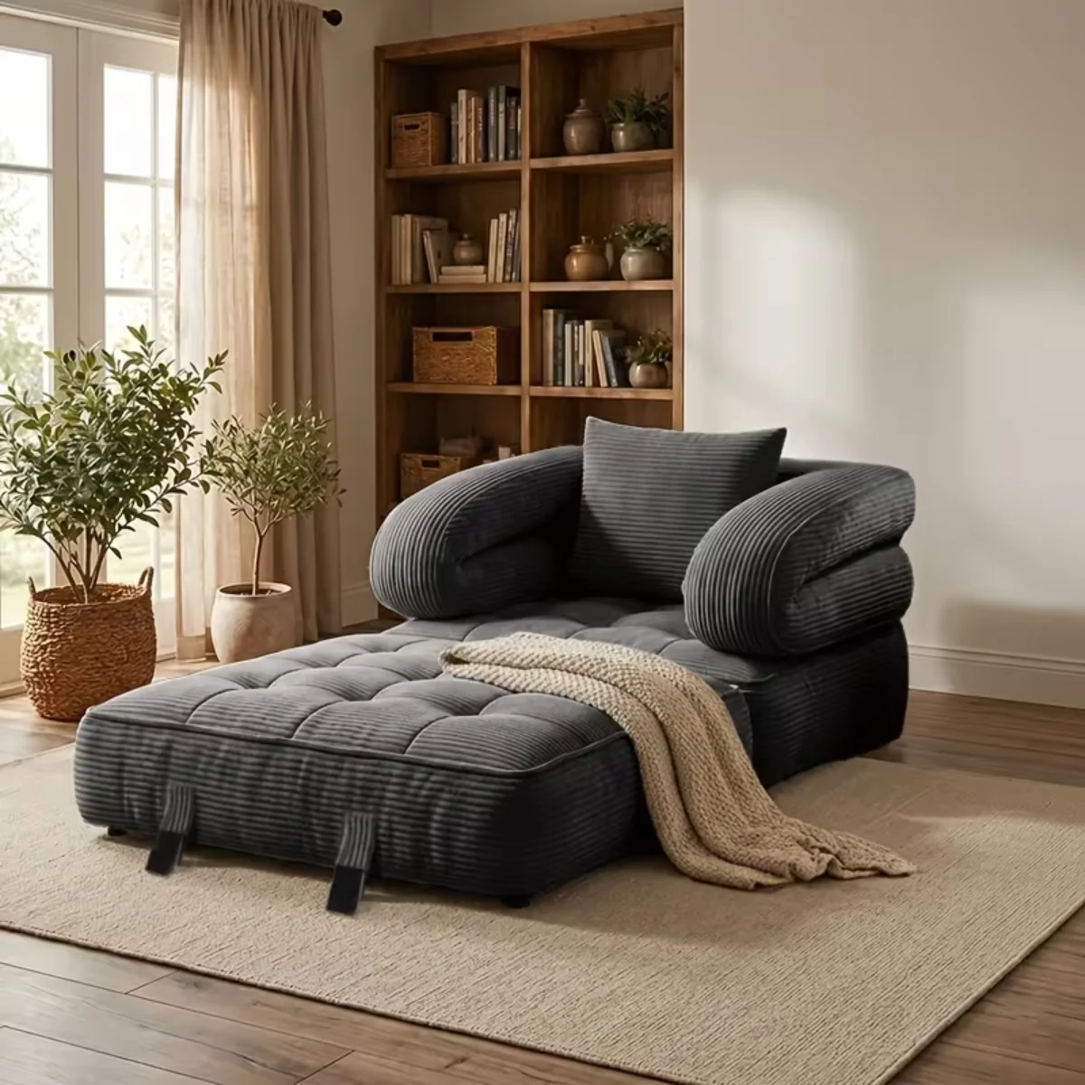 Sofá cama plegable 3 en 1 con tumbona, pana suave y espuma de alta densidad