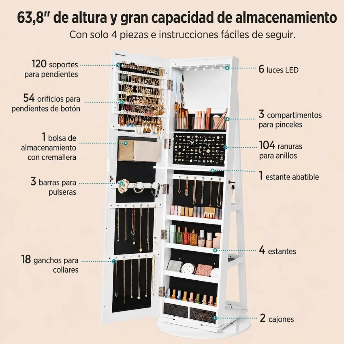 Espejo Giratorio 360° con Joyero y Luces LED Integradas