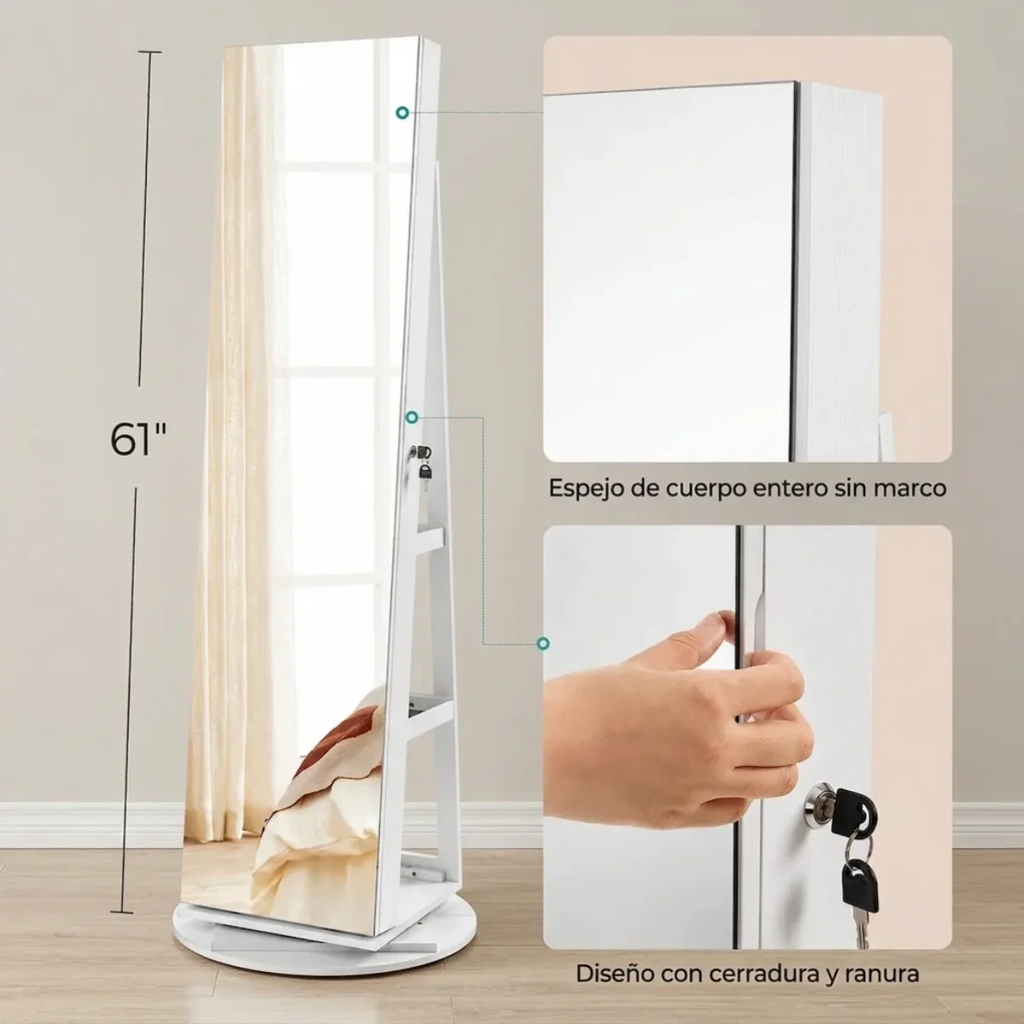 Espejo Giratorio 360° con Joyero y Luces LED Integradas