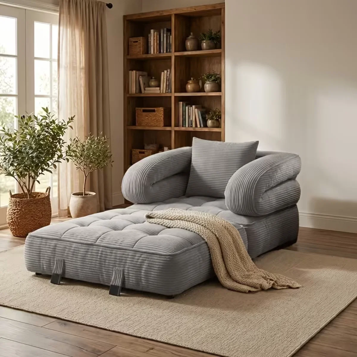 Sofá cama plegable 3 en 1 con tumbona, pana suave y espuma de alta densidad