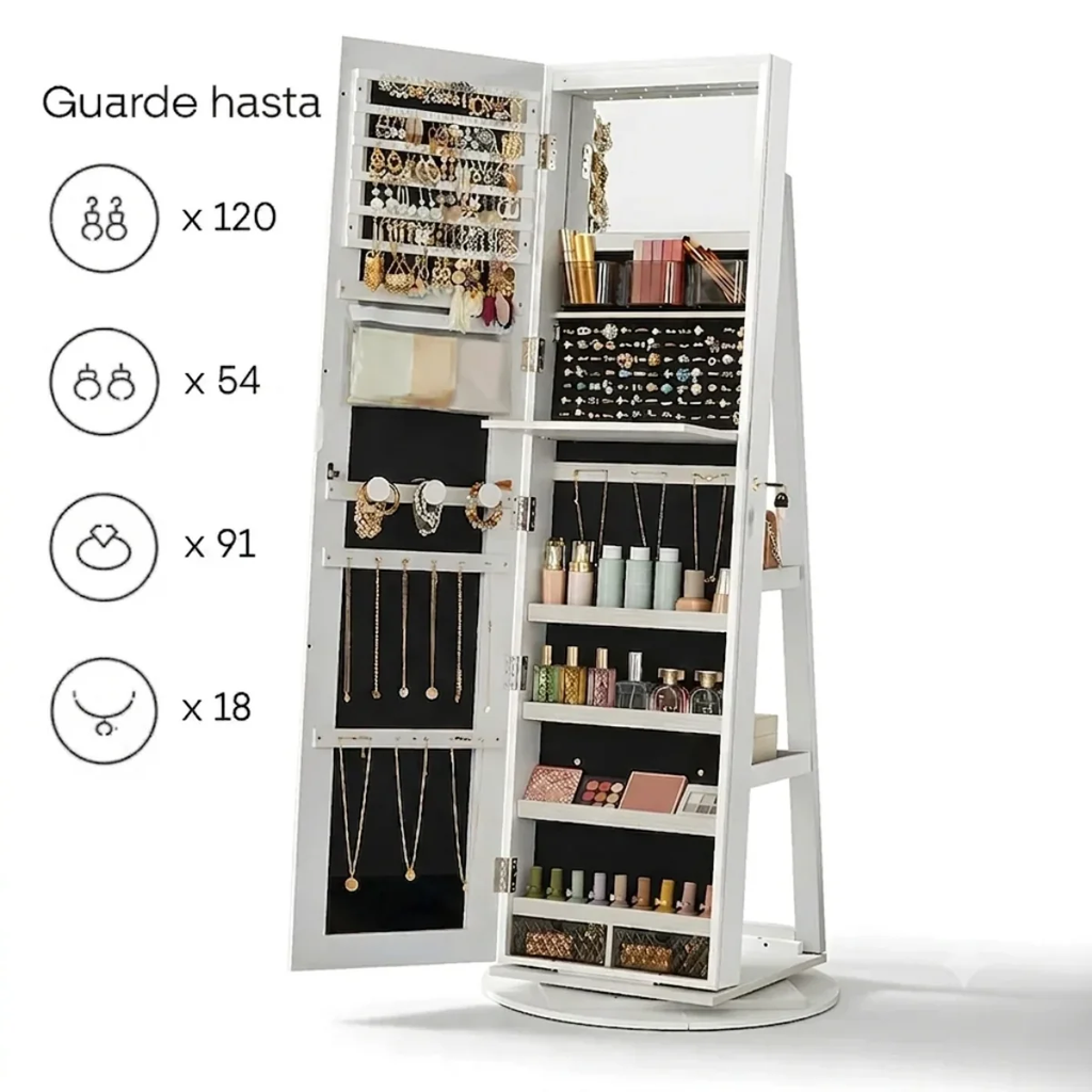 Espejo Giratorio 360° con Joyero y Luces LED Integradas