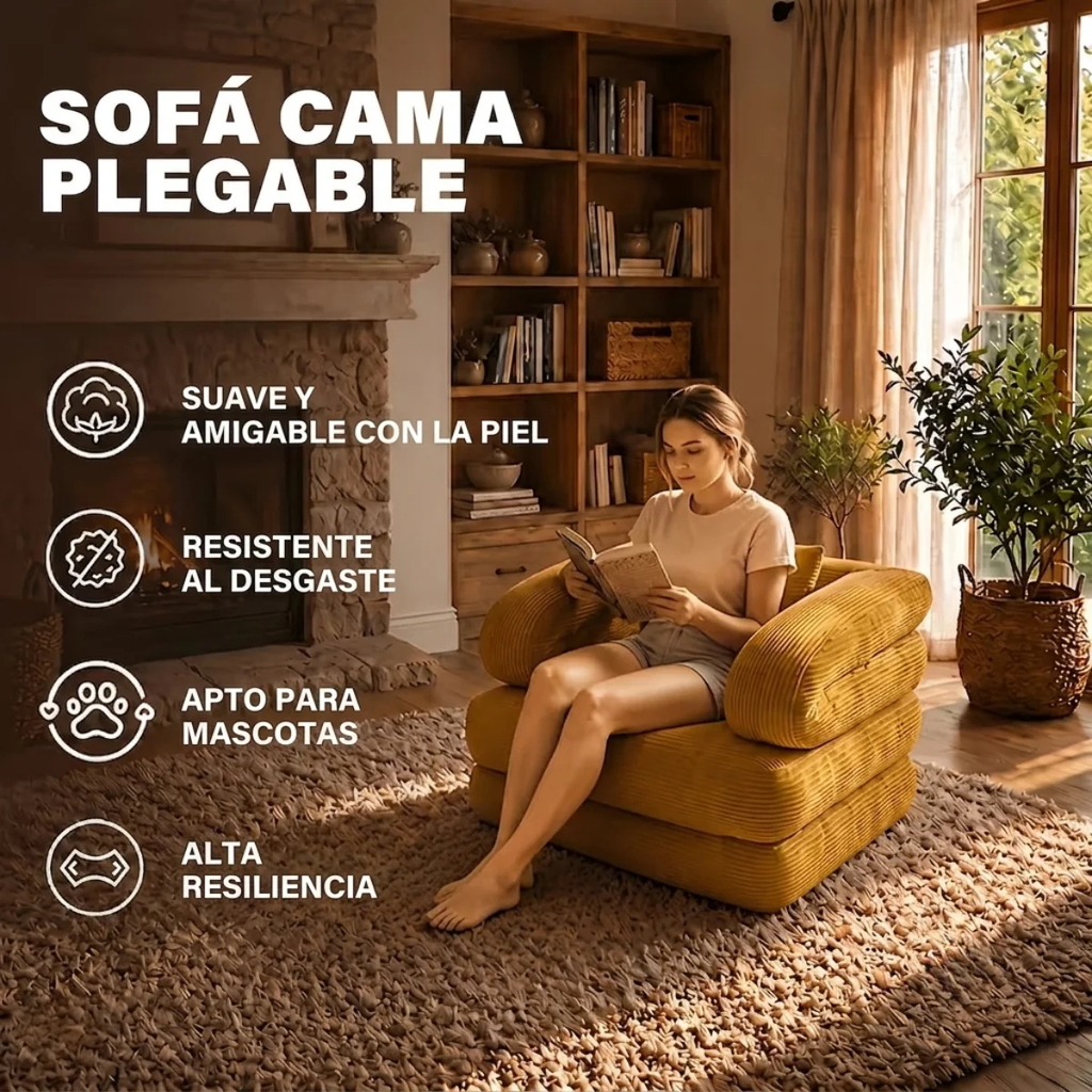 Sofá cama plegable 3 en 1 con tumbona, pana suave y espuma de alta densidad