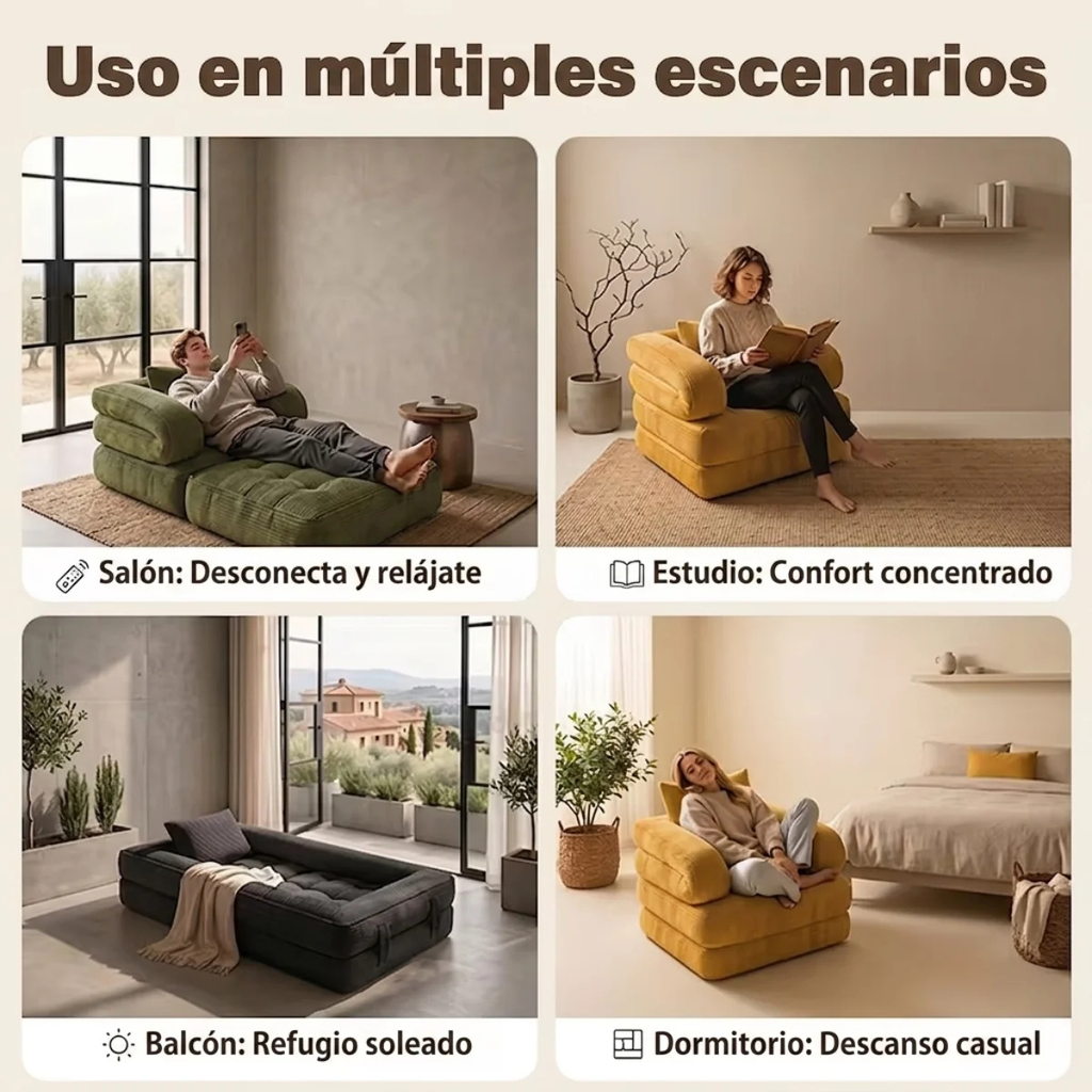 Sofá cama plegable 3 en 1 con tumbona, pana suave y espuma de alta densidad