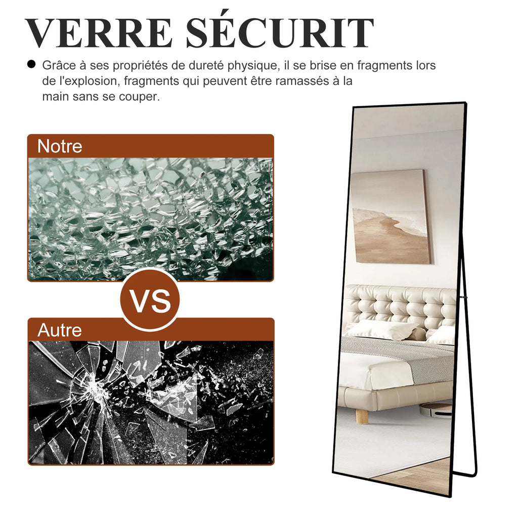 Superaly Espejo de Cuerpo Entero HD, 173X63 cm, Vidrio Templado, Espejo de Pie de Longitud Completa, Soporte Plegable, Espejo de Pared para Dormitorio y Vestidor