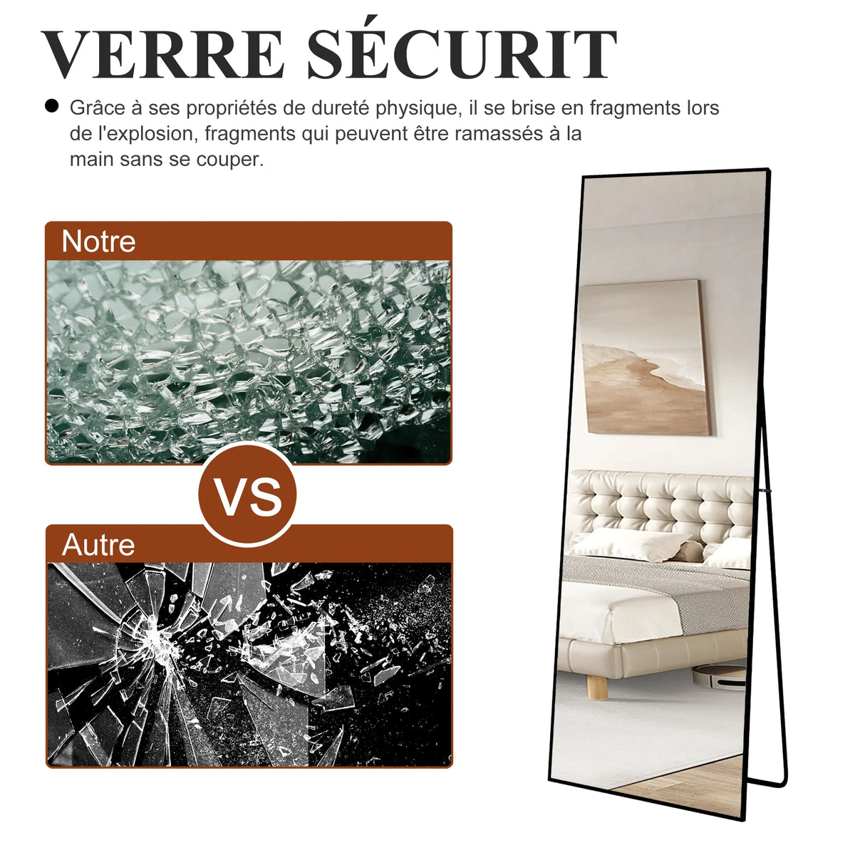 Superaly Espejo de Cuerpo Entero HD, 173X63 cm, Vidrio Templado, Espejo de Pie de Longitud Completa, Soporte Plegable, Espejo de Pared para Dormitorio y Vestidor