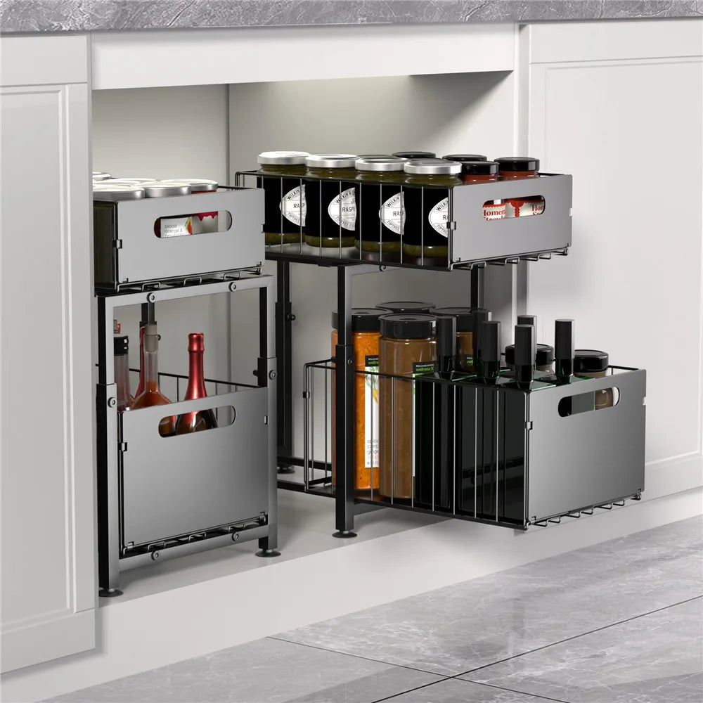 Organizador extraíble de 2 niveles, estante de almacenamiento debajo del fregadero con altura ajustable de 5 niveles y cajón deslizable para encimera de cocina, estante de despensa, soporte para frascos de especias