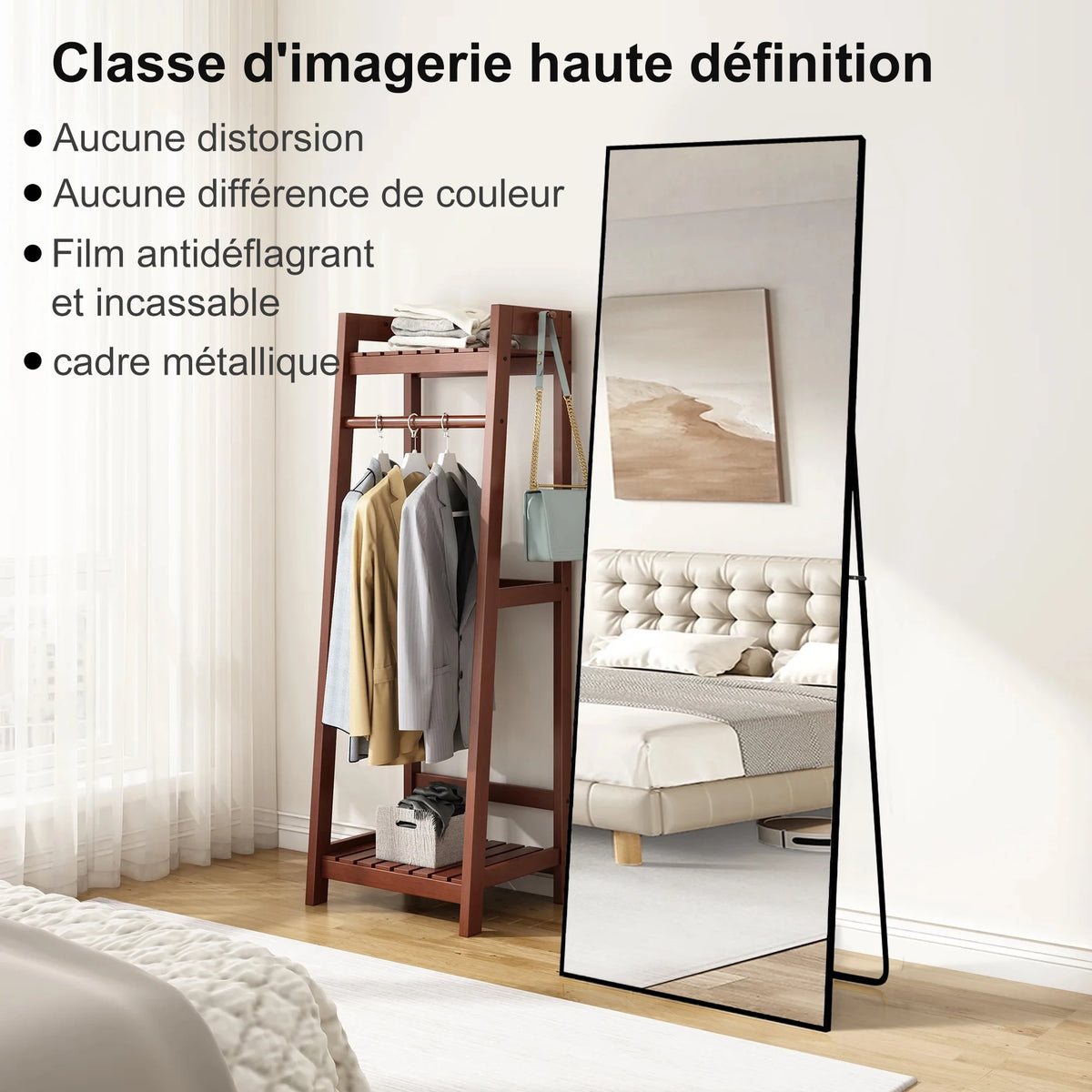 Superaly Espejo de Cuerpo Entero HD, 173X63 cm, Vidrio Templado, Espejo de Pie de Longitud Completa, Soporte Plegable, Espejo de Pared para Dormitorio y Vestidor