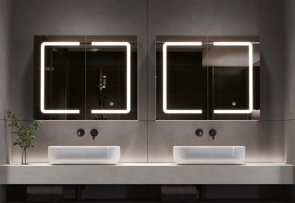 Mueble de baño con espejo LED, 70x16x60cm, tocador montado en la pared con taburete, bolsa ajustable, 3 luces de colores, blanco