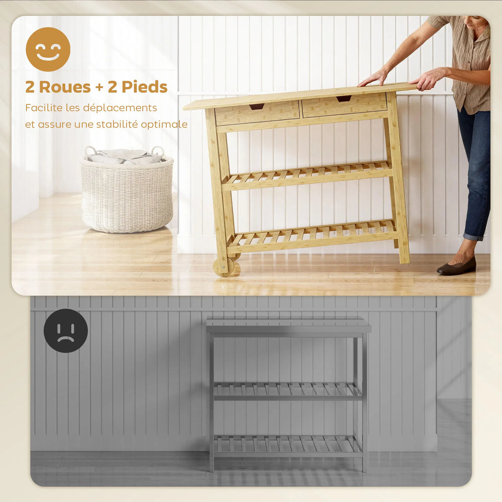 Carrito de Almacenamiento de Cocina de Bambú Natural con 2 Cajones y 2 Estantes, Mueble Auxiliar Móvil para Cocina, Comedor y Hogar