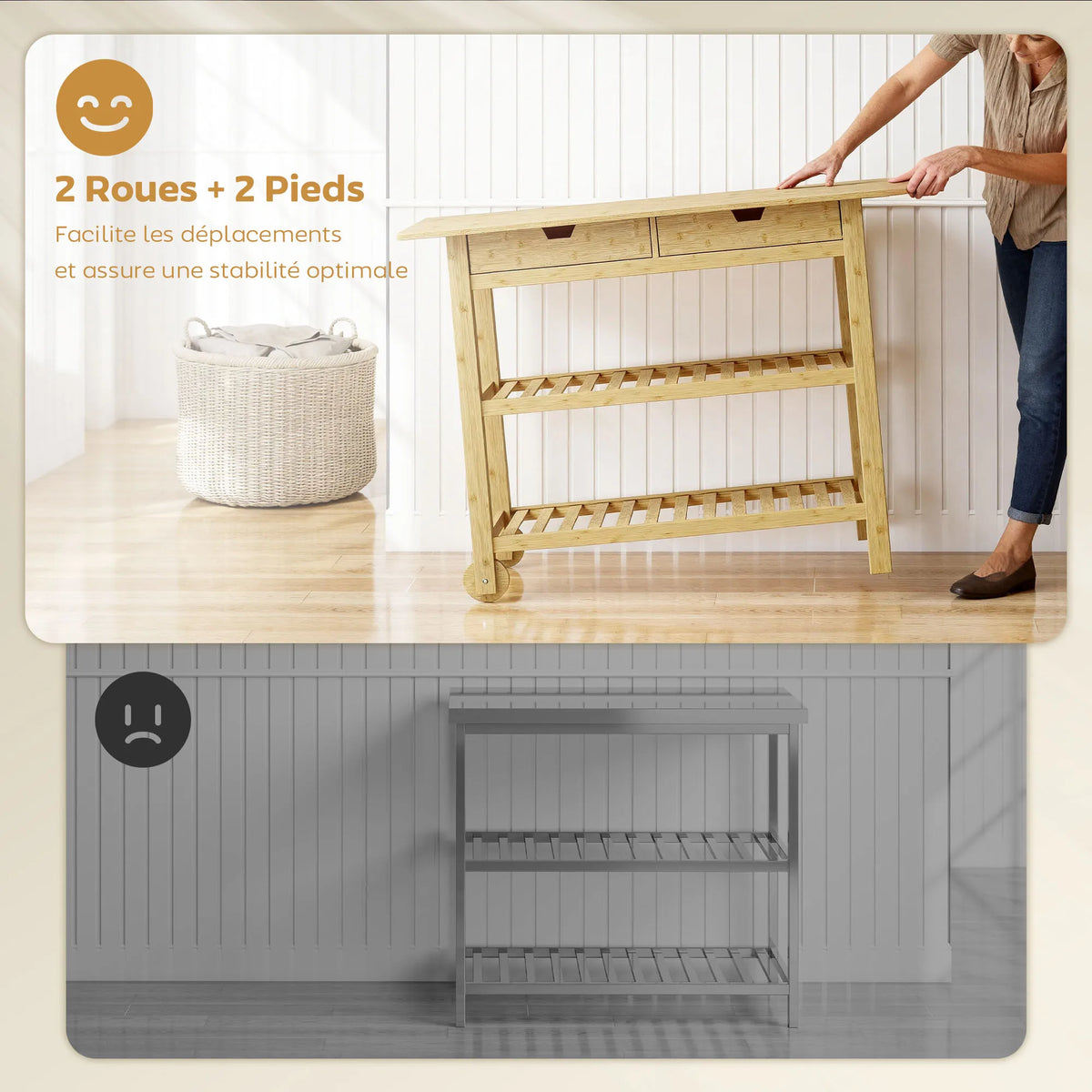 Carrito de Almacenamiento de Cocina de Bambú Natural con 2 Cajones y 2 Estantes, Mueble Auxiliar Móvil para Cocina, Comedor y Hogar