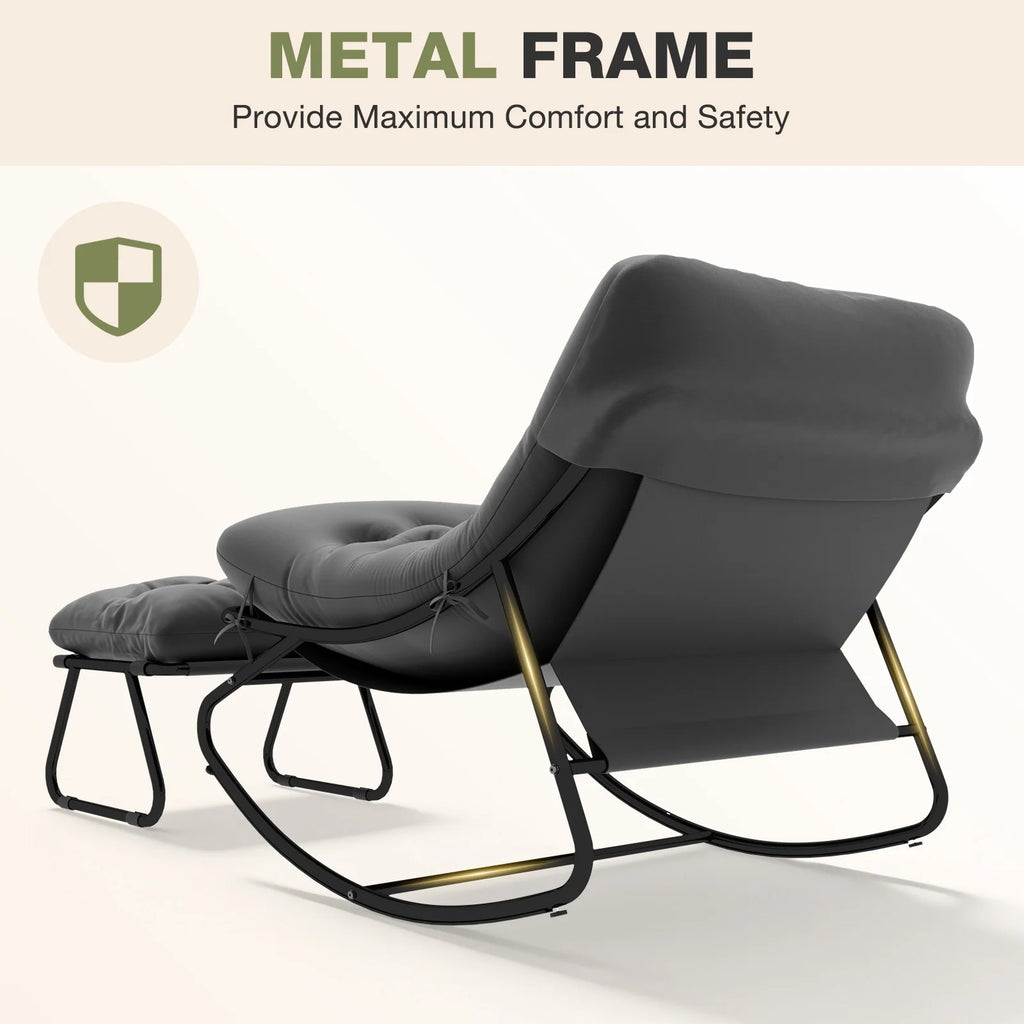 Silla Mecedora Reclinable de Metal Aoxun con Taburete, Tumbona Resistente a la Intemperie para Patio, Jardín, Balcón, Capacidad de 160 kg, Color Negro Gris, Silla de Relajación Resistente para Exteriores