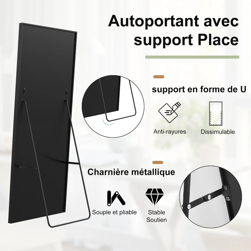 Superaly Espejo de Cuerpo Entero HD, 173X63 cm, Vidrio Templado, Espejo de Pie de Longitud Completa, Soporte Plegable, Espejo de Pared para Dormitorio y Vestidor