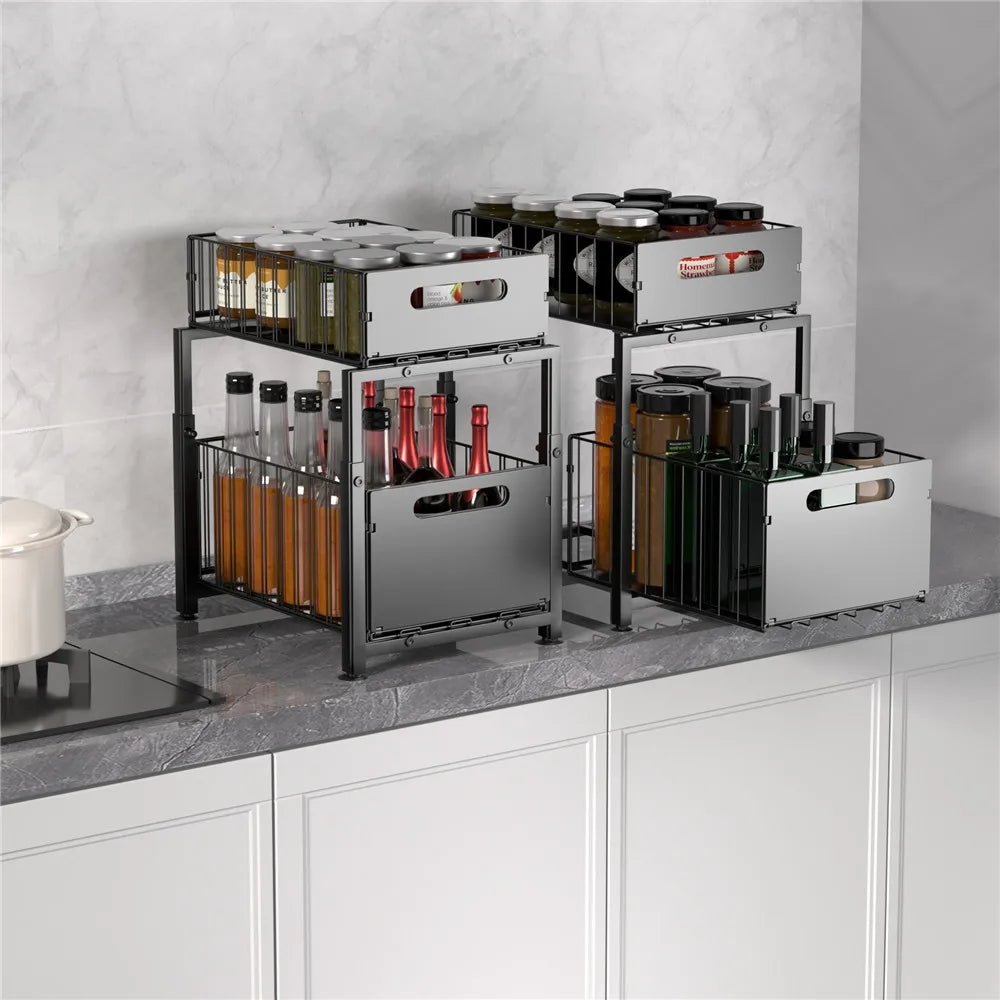 Organizador extraíble de 2 niveles, estante de almacenamiento debajo del fregadero con altura ajustable de 5 niveles y cajón deslizable para encimera de cocina, estante de despensa, soporte para frascos de especias