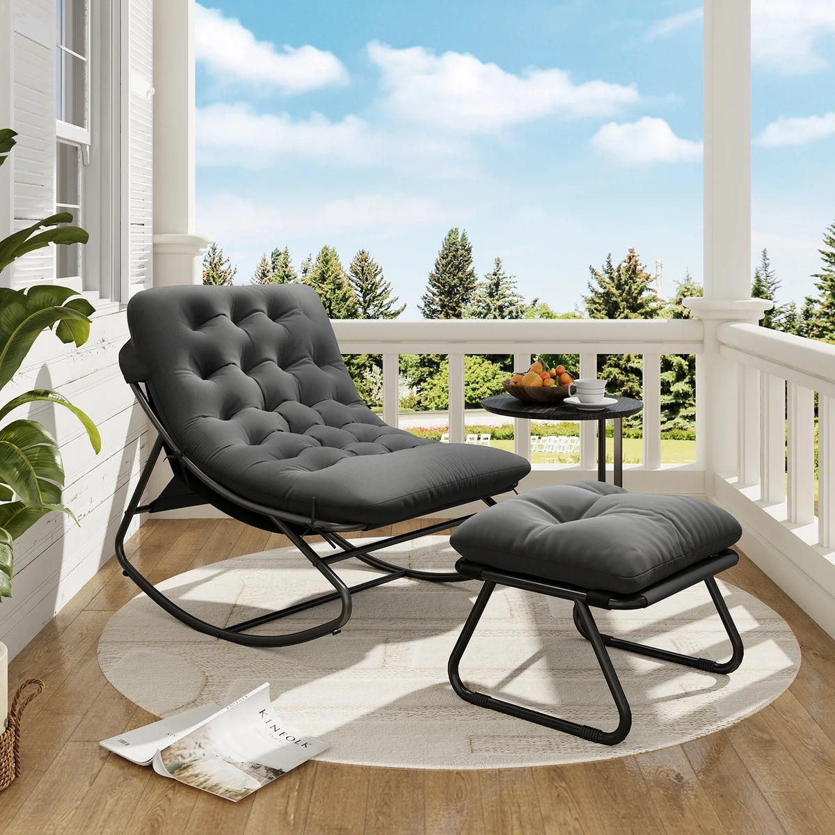 Silla Mecedora Reclinable de Metal Aoxun con Taburete, Tumbona Resistente a la Intemperie para Patio, Jardín, Balcón, Capacidad de 160 kg, Color Negro Gris, Silla de Relajación Resistente para Exteriores