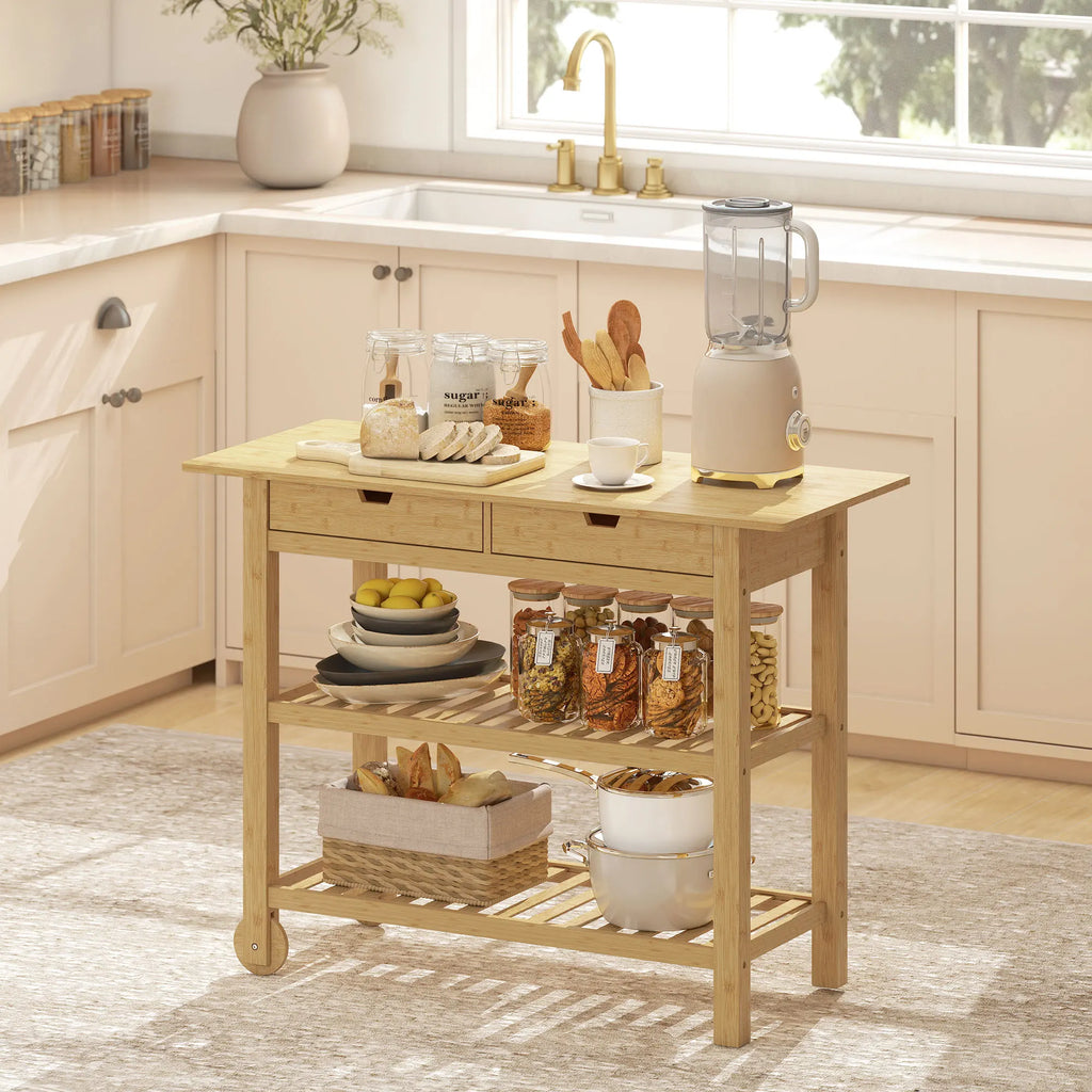 Carrito de Almacenamiento de Cocina de Bambú Natural con 2 Cajones y 2 Estantes, Mueble Auxiliar Móvil para Cocina, Comedor y Hogar