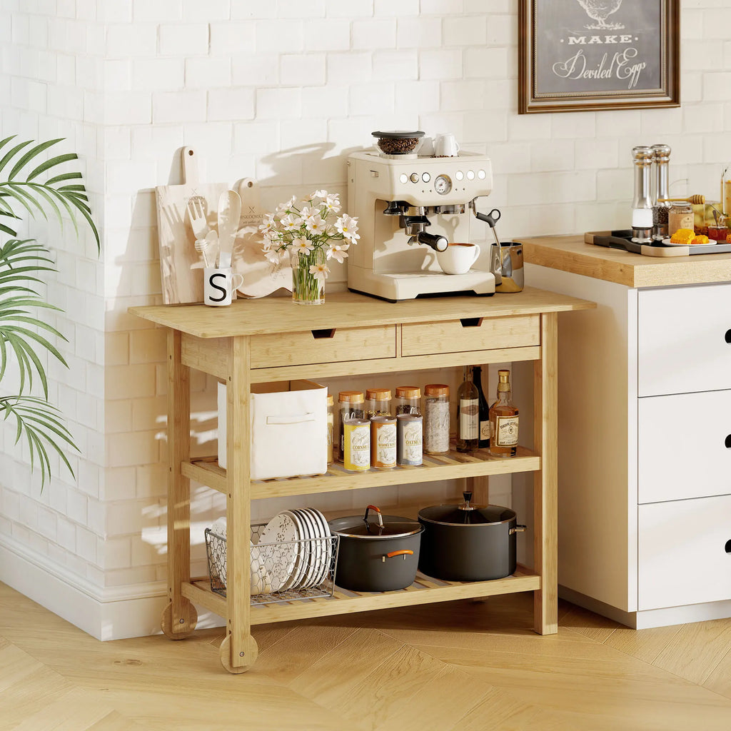 Carrito de Almacenamiento de Cocina de Bambú Natural con 2 Cajones y 2 Estantes, Mueble Auxiliar Móvil para Cocina, Comedor y Hogar