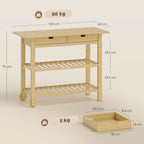 Carrito de Almacenamiento de Cocina de Bambú Natural con 2 Cajones y 2 Estantes, Mueble Auxiliar Móvil para Cocina, Comedor y Hogar