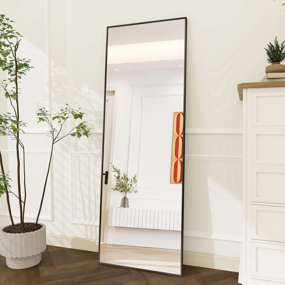 Superaly Espejo de Cuerpo Entero HD, 173X63 cm, Vidrio Templado, Espejo de Pie de Longitud Completa, Soporte Plegable, Espejo de Pared para Dormitorio y Vestidor