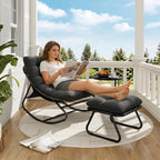 Silla Mecedora Reclinable de Metal Aoxun con Taburete, Tumbona Resistente a la Intemperie para Patio, Jardín, Balcón, Capacidad de 160 kg, Color Negro Gris, Silla de Relajación Resistente para Exteriores