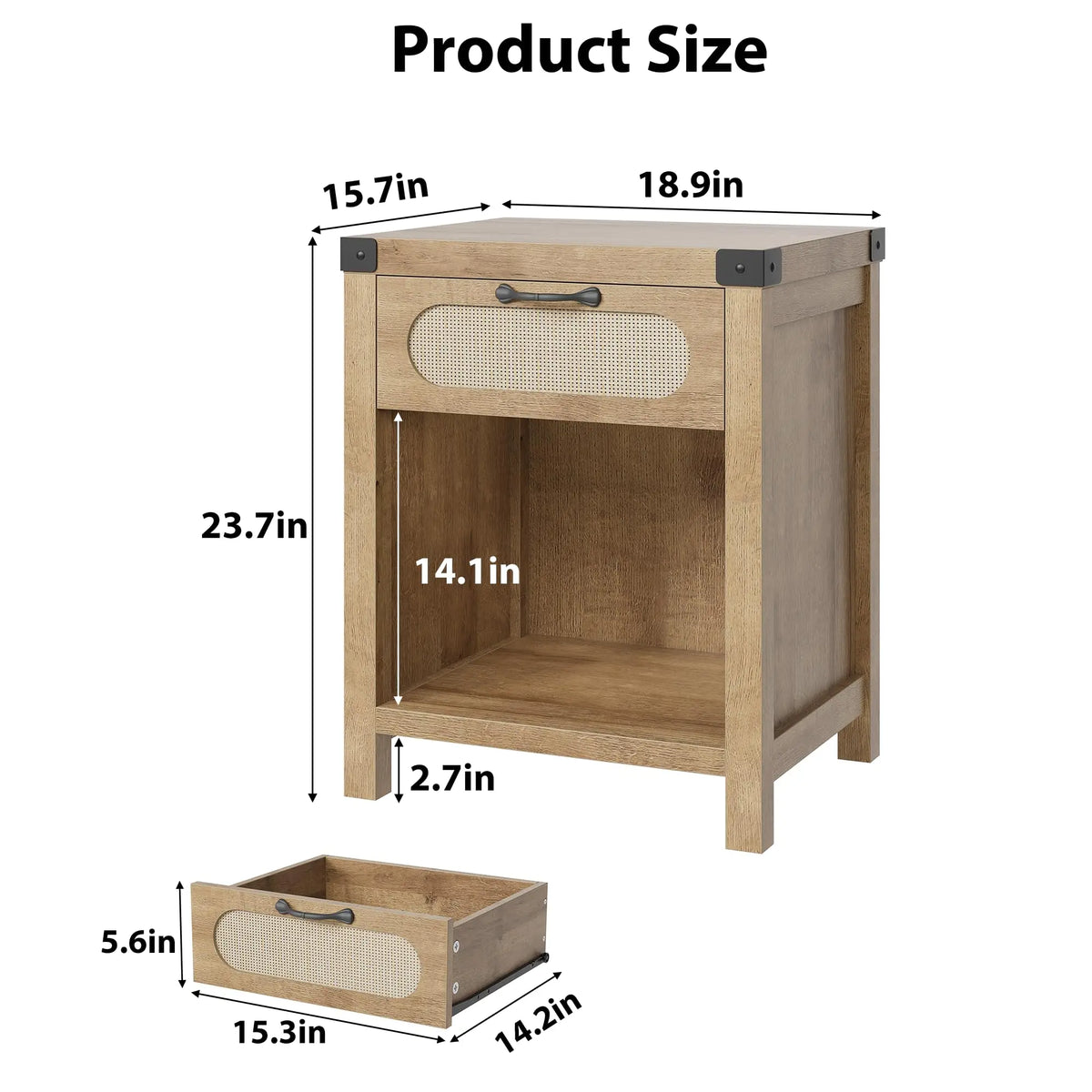 Mesa de Noche con 1 Cajón de Almacenamiento, Color Madera, Panel Hueco Reforzado de MDF, 48x41x60cm, para Dormitorio