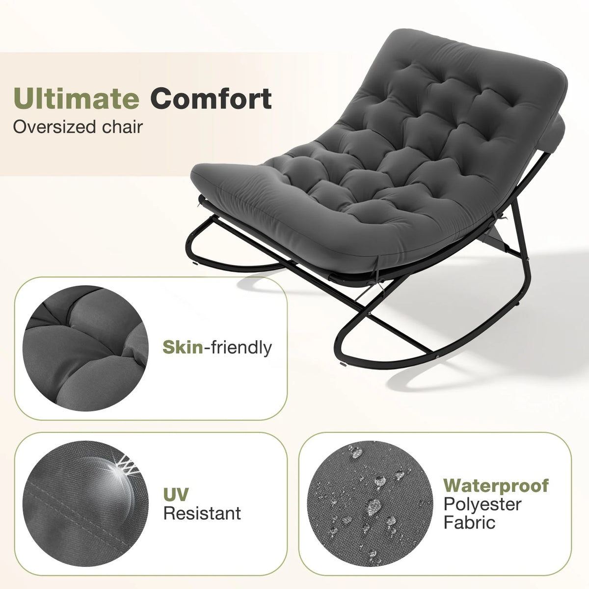 Silla Mecedora Reclinable de Metal Aoxun con Taburete, Tumbona Resistente a la Intemperie para Patio, Jardín, Balcón, Capacidad de 160 kg, Color Negro Gris, Silla de Relajación Resistente para Exteriores