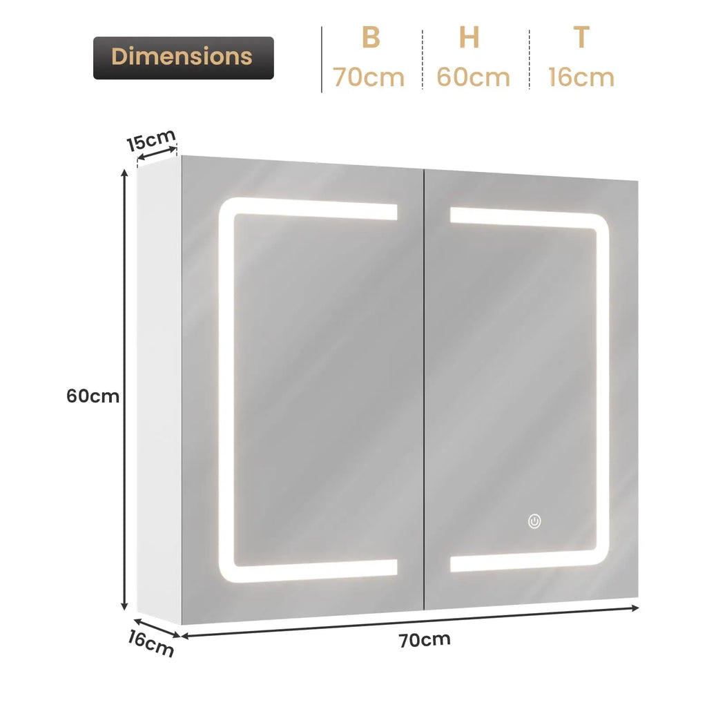 Mueble de baño con espejo LED, 70x16x60cm, tocador montado en la pared con taburete, bolsa ajustable, 3 luces de colores, blanco