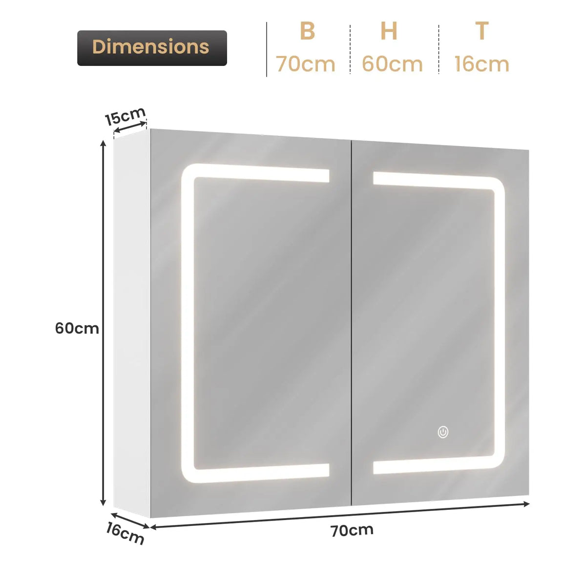 Mueble de baño con espejo LED, 70x16x60cm, tocador montado en la pared con taburete, bolsa ajustable, 3 luces de colores, blanco