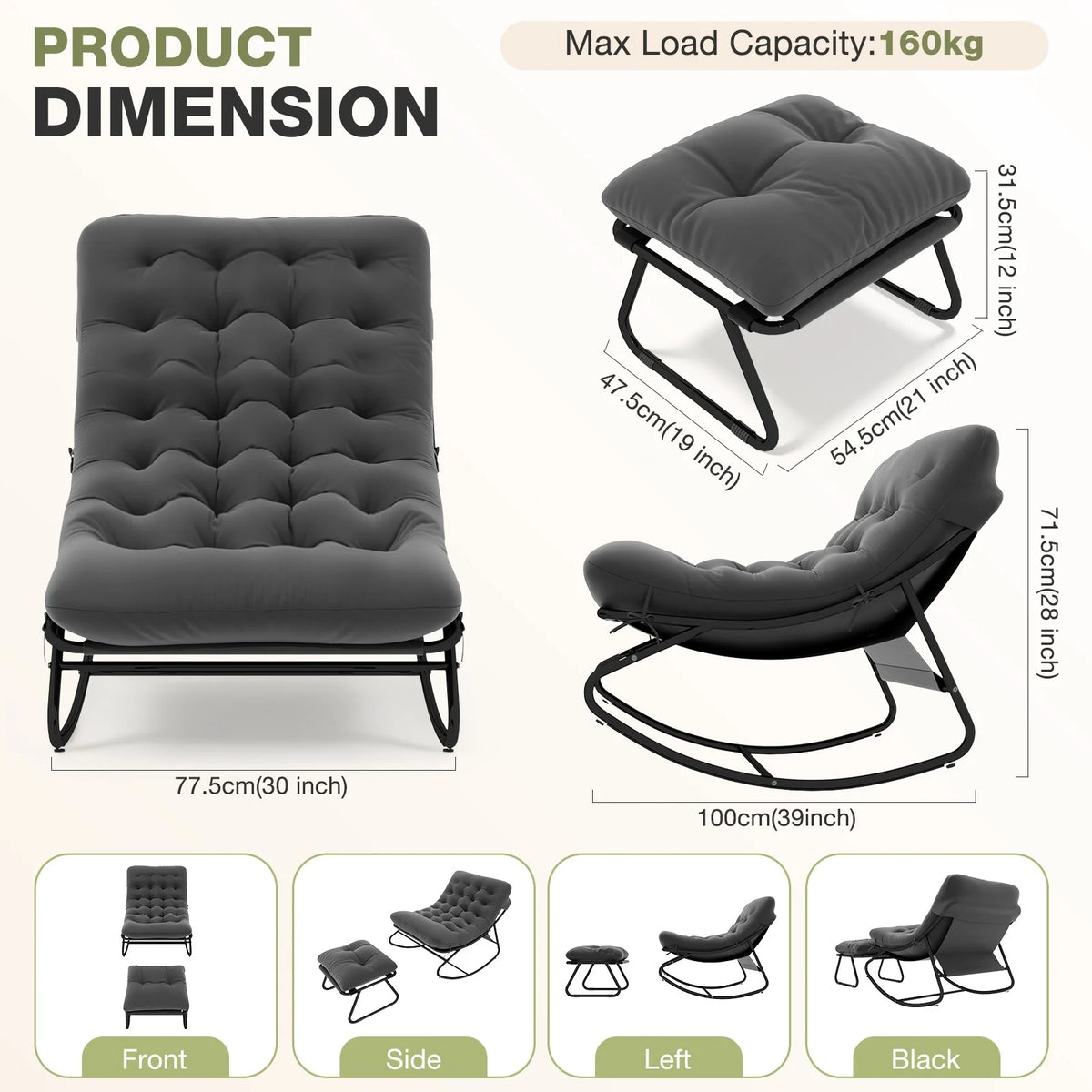 Silla Mecedora Reclinable de Metal Aoxun con Taburete, Tumbona Resistente a la Intemperie para Patio, Jardín, Balcón, Capacidad de 160 kg, Color Negro Gris, Silla de Relajación Resistente para Exteriores