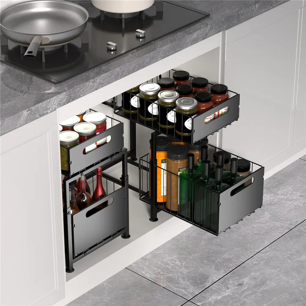 Organizador extraíble de 2 niveles, estante de almacenamiento debajo del fregadero con altura ajustable de 5 niveles y cajón deslizable para encimera de cocina, estante de despensa, soporte para frascos de especias