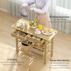 Carrito de Almacenamiento de Cocina de Bambú Natural con 2 Cajones y 2 Estantes, Mueble Auxiliar Móvil para Cocina, Comedor y Hogar