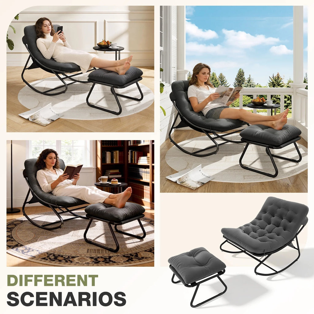 Silla Mecedora Reclinable de Metal Aoxun con Taburete, Tumbona Resistente a la Intemperie para Patio, Jardín, Balcón, Capacidad de 160 kg, Color Negro Gris, Silla de Relajación Resistente para Exteriores