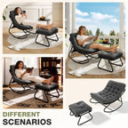 Silla Mecedora Reclinable de Metal Aoxun con Taburete, Tumbona Resistente a la Intemperie para Patio, Jardín, Balcón, Capacidad de 160 kg, Color Negro Gris, Silla de Relajación Resistente para Exteriores