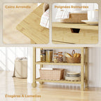 Carrito de Almacenamiento de Cocina de Bambú Natural con 2 Cajones y 2 Estantes, Mueble Auxiliar Móvil para Cocina, Comedor y Hogar