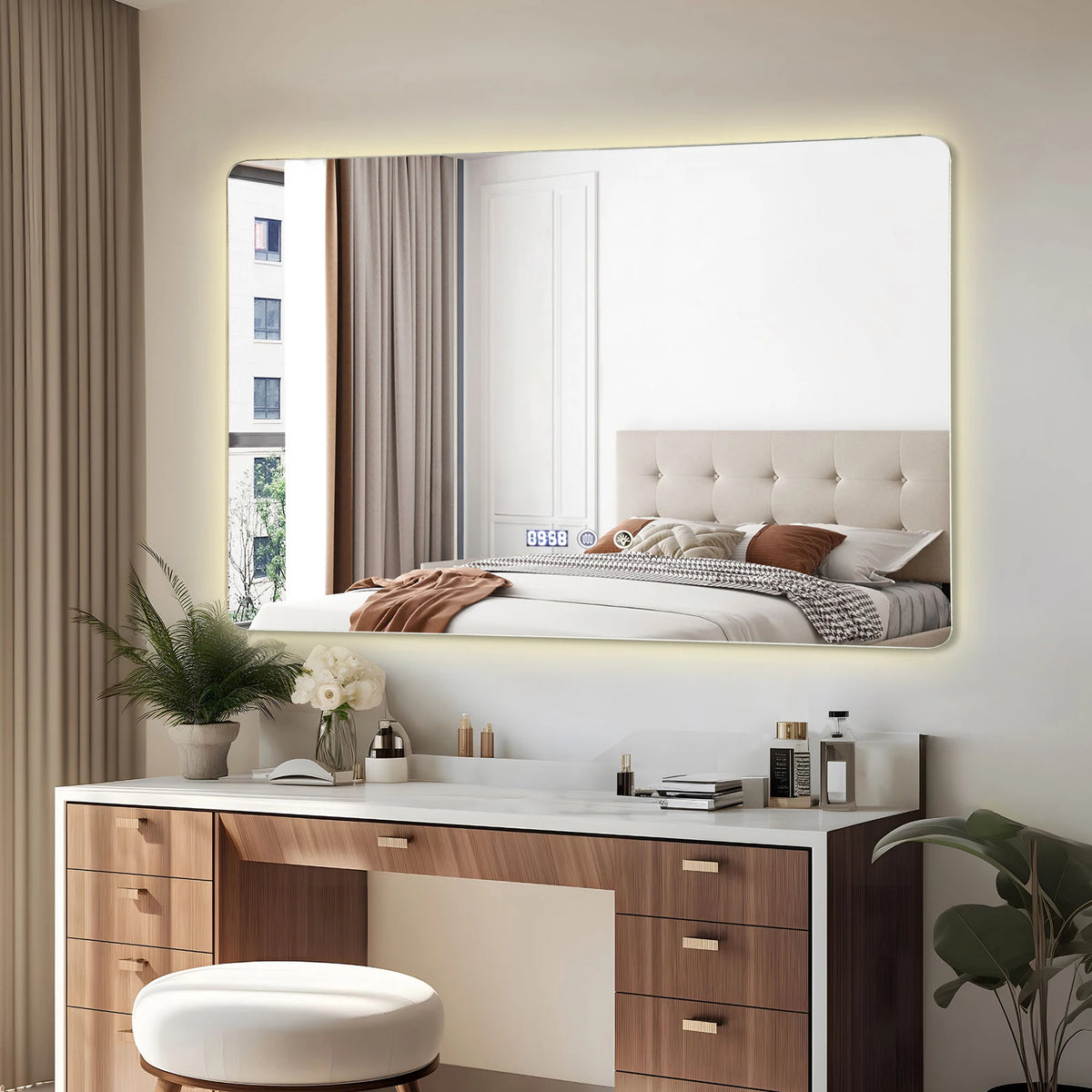 Espejo rectangular de 60x100 cm con iluminación LED, control de brillo y tres temperaturas de color, espejo de alta resolución, resistente al agua, antioxido, vidrio irrompible, estilo minimalista.
