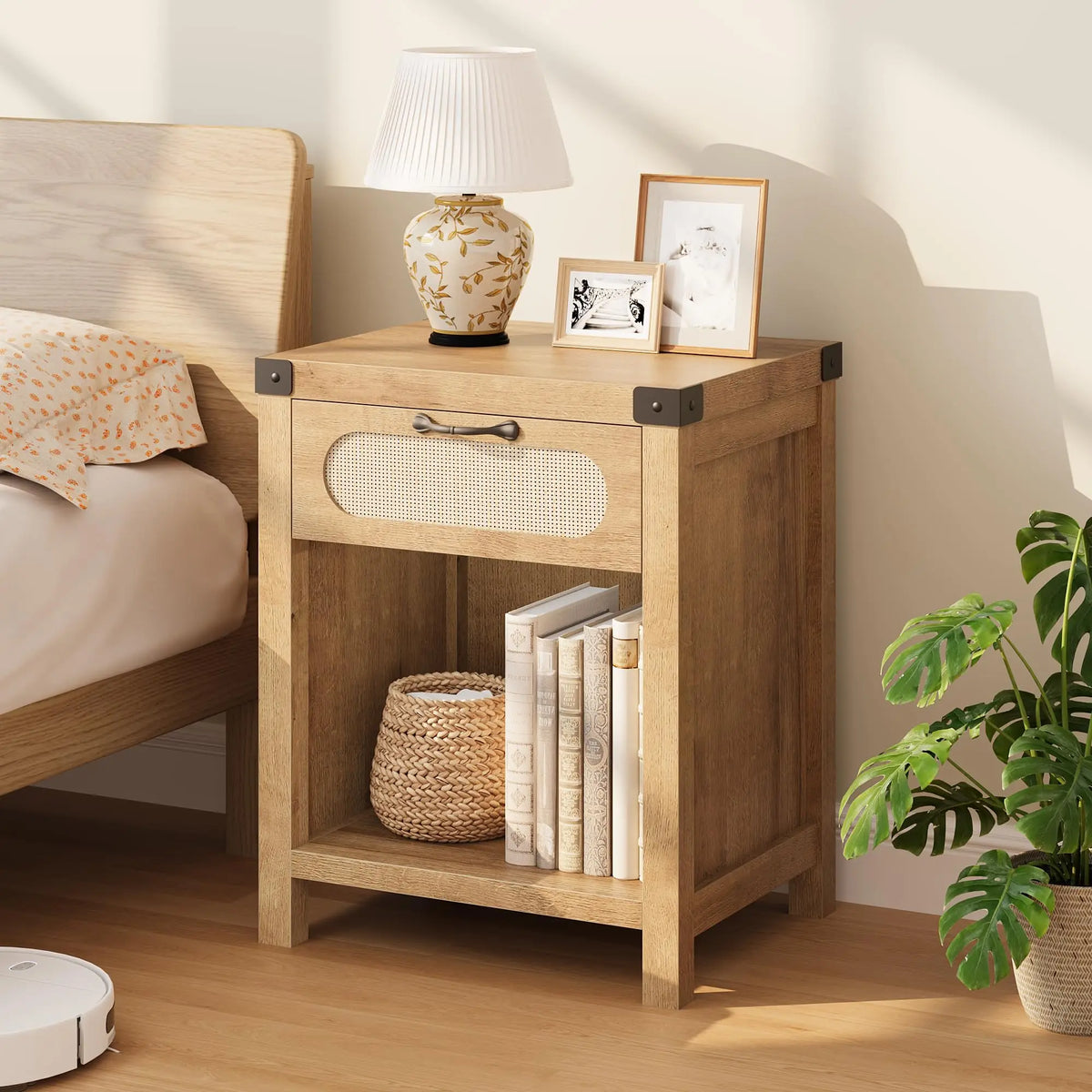 Mesa de Noche con 1 Cajón de Almacenamiento, Color Madera, Panel Hueco Reforzado de MDF, 48x41x60cm, para Dormitorio