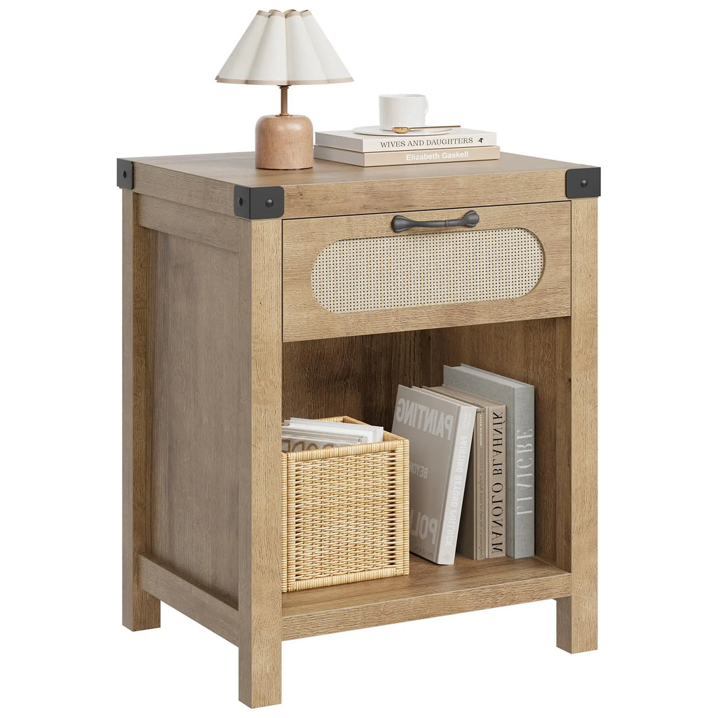 Mesa de Noche con 1 Cajón de Almacenamiento, Color Madera, Panel Hueco Reforzado de MDF, 48x41x60cm, para Dormitorio
