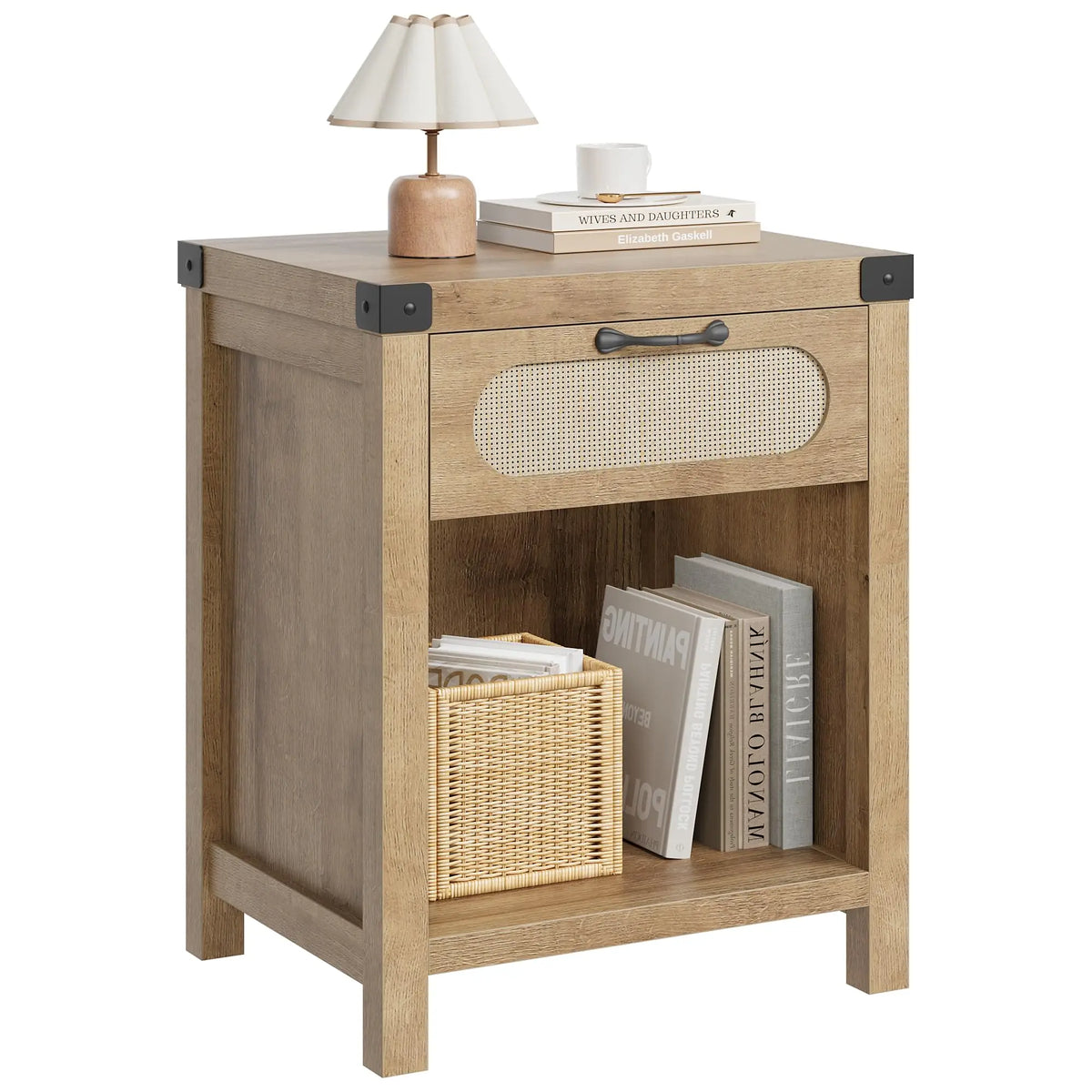 Mesa de Noche con 1 Cajón de Almacenamiento, Color Madera, Panel Hueco Reforzado de MDF, 48x41x60cm, para Dormitorio