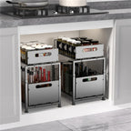Organizador extraíble de 2 niveles, estante de almacenamiento debajo del fregadero con altura ajustable de 5 niveles y cajón deslizable para encimera de cocina, estante de despensa, soporte para frascos de especias