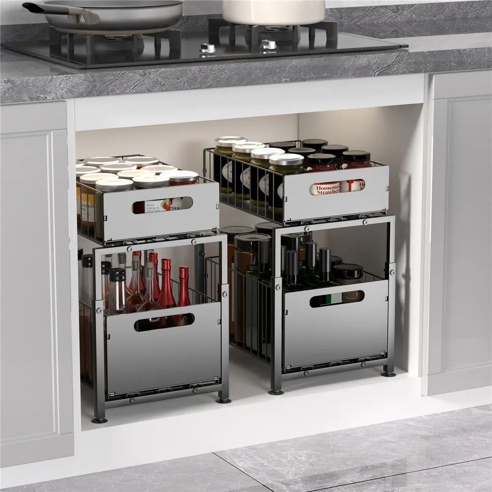 Organizador extraíble de 2 niveles, estante de almacenamiento debajo del fregadero con altura ajustable de 5 niveles y cajón deslizable para encimera de cocina, estante de despensa, soporte para frascos de especias