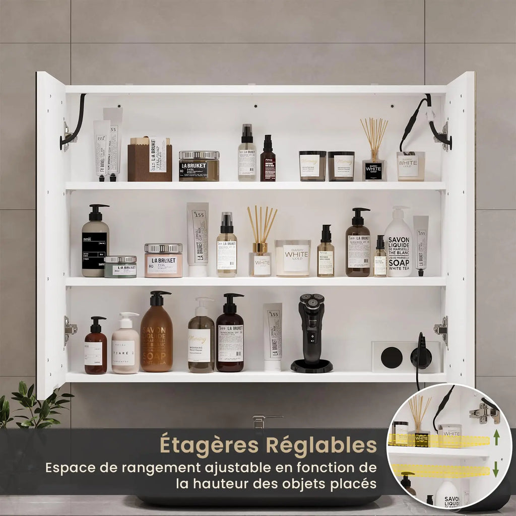 Mueble de baño con espejo LED, 70x16x60cm, tocador montado en la pared con taburete, bolsa ajustable, 3 luces de colores, blanco