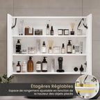 Mueble de baño con espejo LED, 70x16x60cm, tocador montado en la pared con taburete, bolsa ajustable, 3 luces de colores, blanco