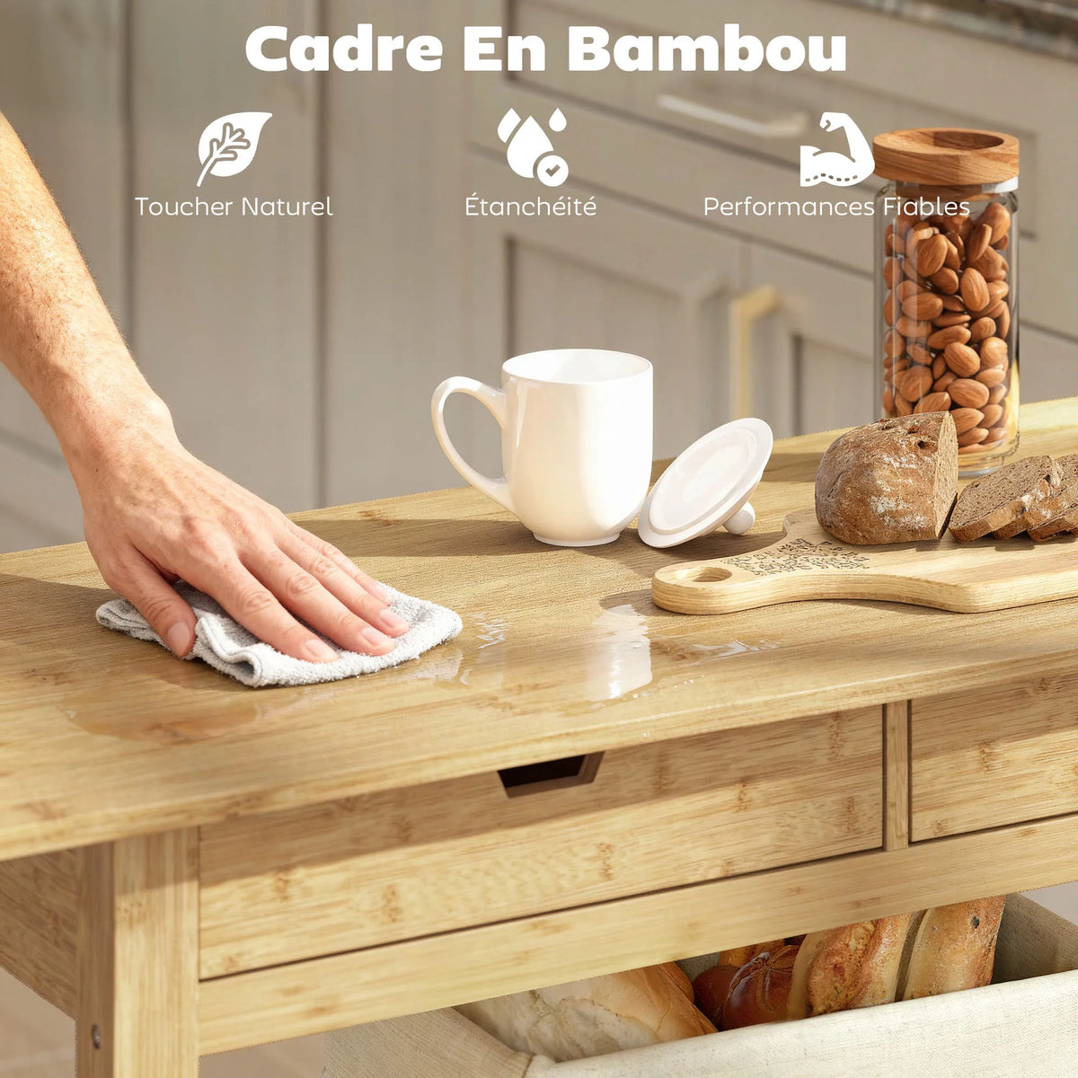 Carrito de Almacenamiento de Cocina de Bambú Natural con 2 Cajones y 2 Estantes, Mueble Auxiliar Móvil para Cocina, Comedor y Hogar