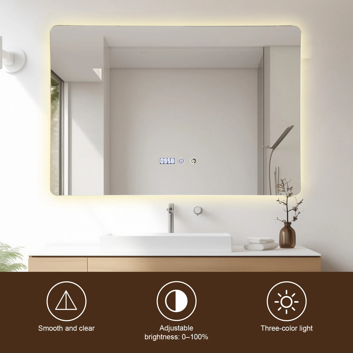 Espejo rectangular de 60x100 cm con iluminación LED, control de brillo y tres temperaturas de color, espejo de alta resolución, resistente al agua, antioxido, vidrio irrompible, estilo minimalista.