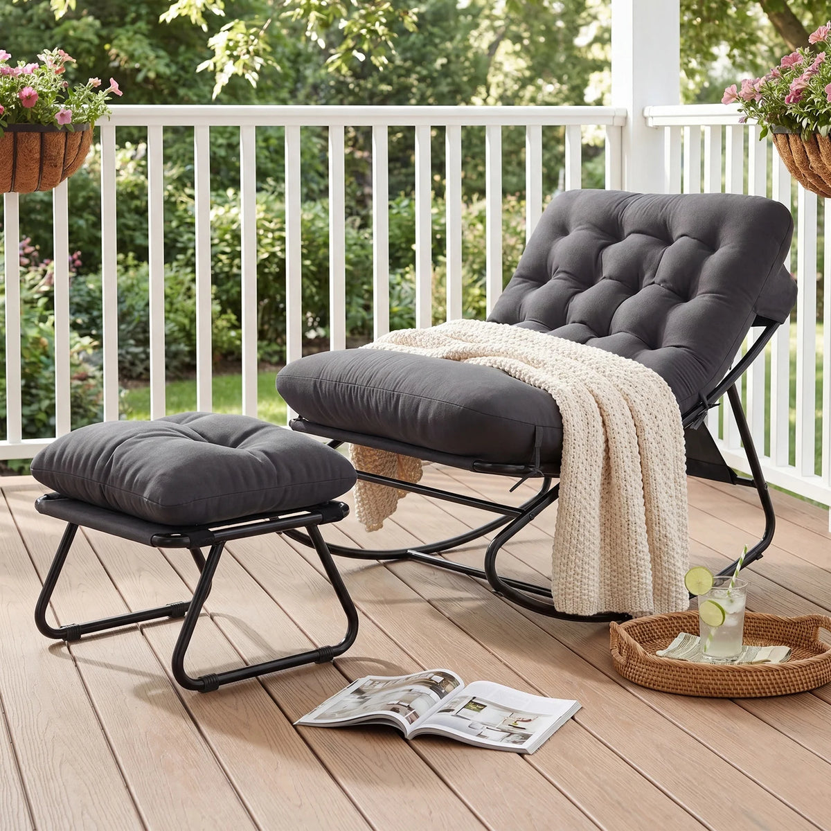 Silla Mecedora Reclinable de Metal Aoxun con Taburete, Tumbona Resistente a la Intemperie para Patio, Jardín, Balcón, Capacidad de 160 kg, Color Negro Gris, Silla de Relajación Resistente para Exteriores
