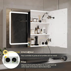 Mueble de baño con espejo LED, 70x16x60cm, tocador montado en la pared con taburete, bolsa ajustable, 3 luces de colores, blanco