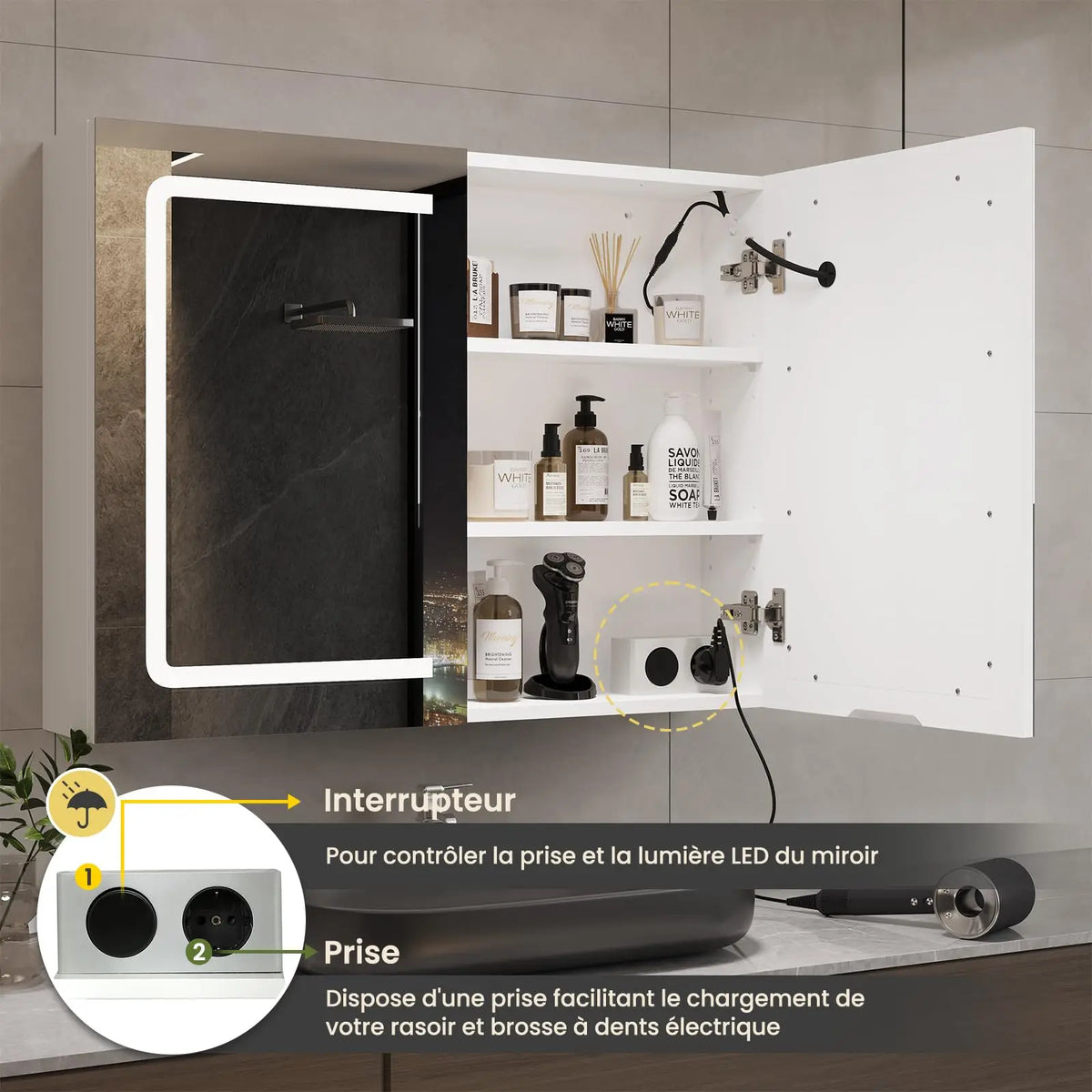 Mueble de baño con espejo LED, 70x16x60cm, tocador montado en la pared con taburete, bolsa ajustable, 3 luces de colores, blanco