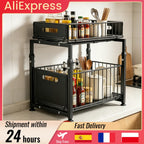 Organizador extraíble de 2 niveles, estante de almacenamiento debajo del fregadero con altura ajustable de 5 niveles y cajón deslizable para encimera de cocina, estante de despensa, soporte para frascos de especias