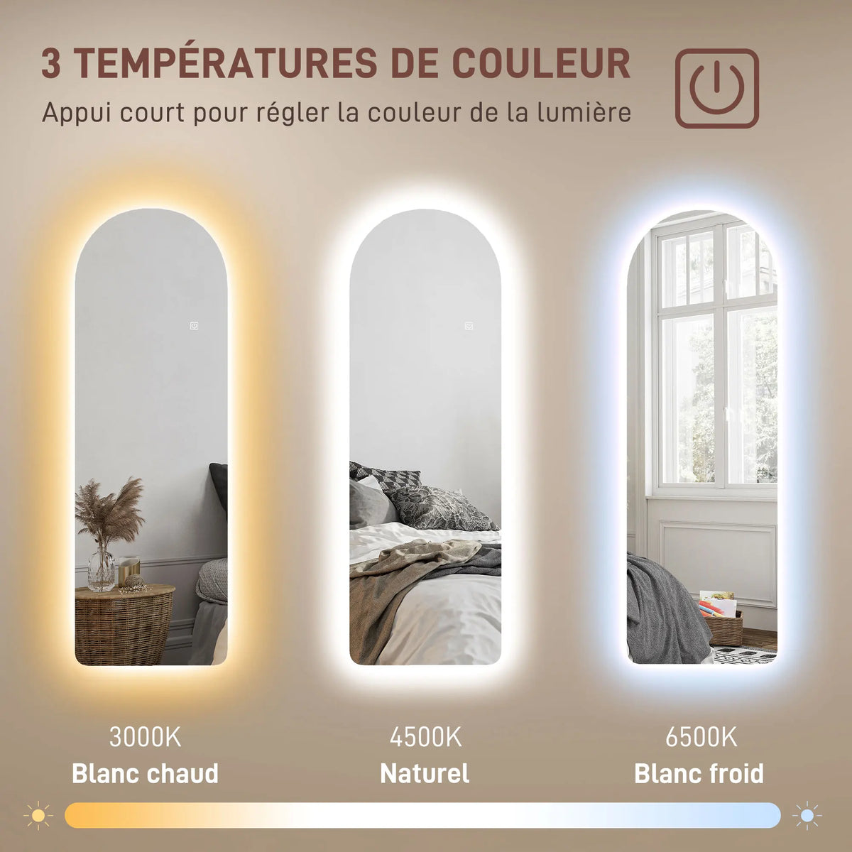 Espejo de cuerpo entero LED arqueado montado en la pared, espejo iluminado con 3 modos de color y brillo regulable, espejo decorativo para dormitorio, sala de estar, vestidor, espejo de tocador para revisar la ropa, muebles m